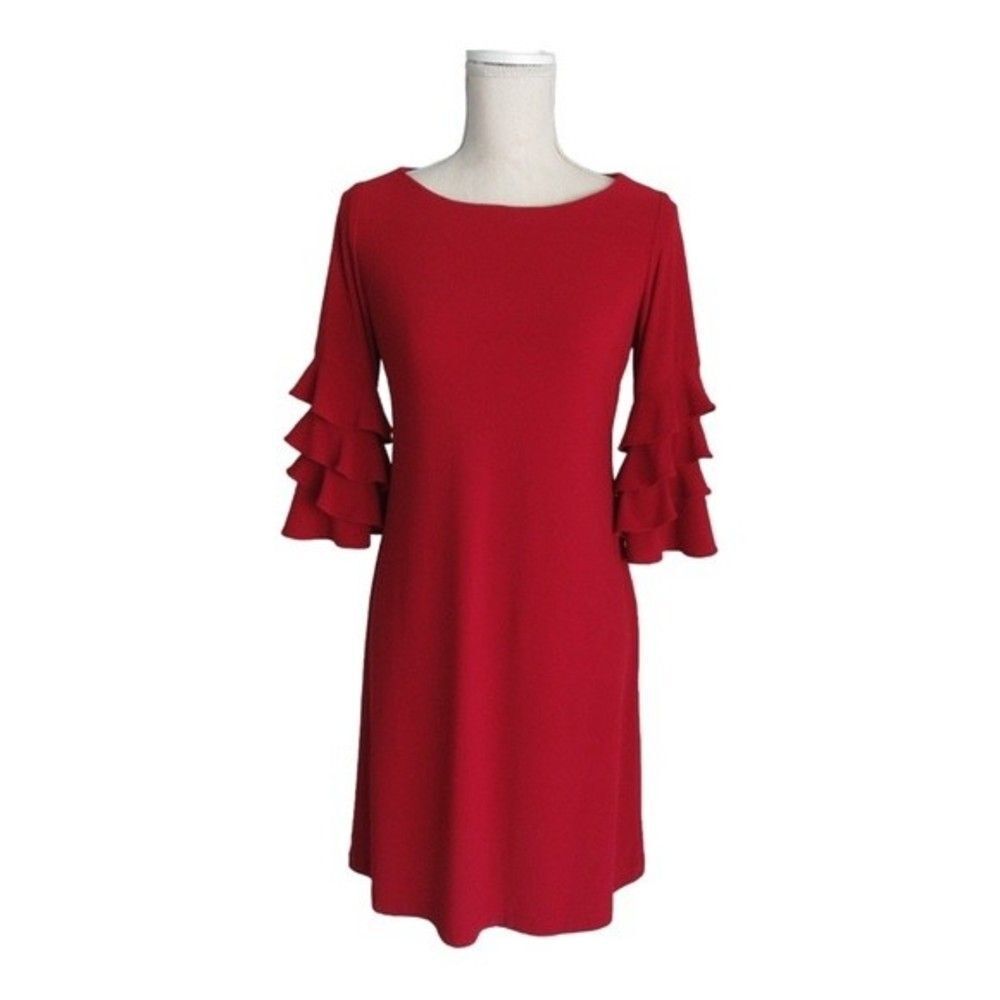 Red Shift Dress with Ruffle Bell Sleeves